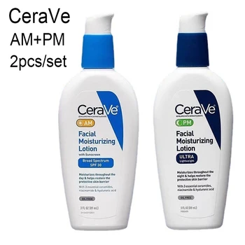 2 бр. Хидратиращ лосион за лице CeraVe AM с слънцезащитен крем SPF 30 дневен крем без мазнина + хидратиращ лосион за лице PM, нощен крем