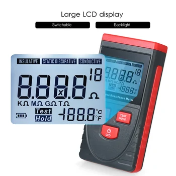Ръчно измерване на повърхностно съпротивление, тестер антистатична съпротива изолация с LCD дисплей за измерване на температурата на