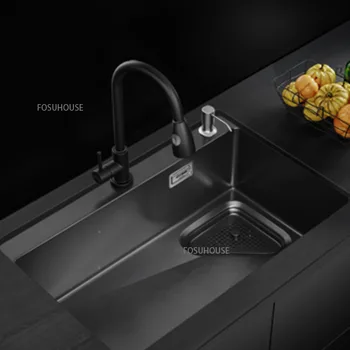 Кухненски мебели Черен Нано-мивка от неръждаема стомана 304, Единична кухненска мивка, вградена мивка, Подобрения в дома, кухненски приспособления