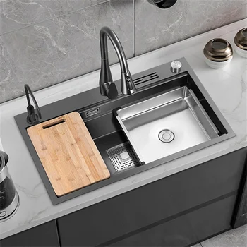 Кухненска мивка Nano Black С регулируем дренаж от домакински мивки от неръждаема стомана, Дебели 4 мм мивка с един слот, кухненски принадлежности