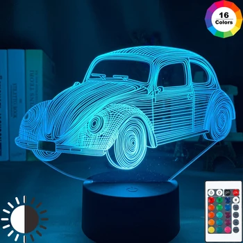Акрилна 3D лампа, модел автомобил Volkswagen Beetle, цветни лека нощ за деца, интериор на детска спални, led лека нощ, работещи на батерии