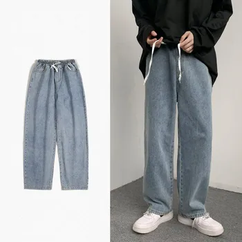 Нови корейски модерен мъжки широки дънки, класически универсални обикновена директни широки дънкови панталони, мъжки светло сини, черни панталони