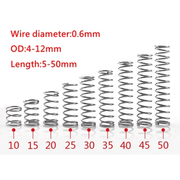 10ШТ 304 Неръждаема стомана Микро-малка пружина компресия Диаметър 0,6 mm Външен диаметър 4-12 мм и Дължина от 5 мм до 50 мм