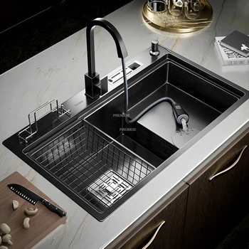 Леки луксозни черни кухненски мивки Nano, творчески домакинство кухненски принадлежности, стъпка мивка от неръждаема стомана с един слот