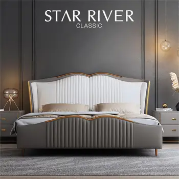Италианската минималистичная кожено легло, лесно лукс, модерна и лесна двойно легло, двойно легло с размер 