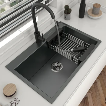 Кухненска мивка от неръждаема стомана 304, високата планина, единична купа, тъмно сиво мивка за дома, Тела с кухненски смесител, аксесоари за източване на водата