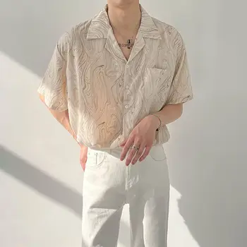Корейски модерни ежедневни ризи с геометричен дизайн, Красиви джобове, копчета и Къс ръкав, отложной яка, мъжки дрехи 2023, Тънък годишен мъж