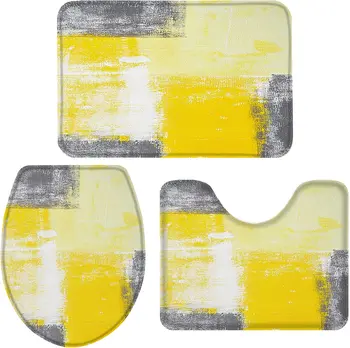 Жълто-сив комплект постелки за баня 3 предмет, калъф за седалката на тоалетната чиния/Контурный мат/ Мат на стойка и капак, капаци на тоалетни, геометрична абстрактна живопис
