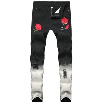 Дънки с окъсани дупки, трендови, оригинален дизайн, мъжки панталони, големи размери, чисто нови черни мъжки дънки с цветя, рози
