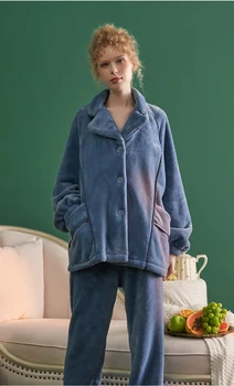 Зимна пижамный комплект с дълъг ръкав, кадифе дамски пижами, синьо-розово пижамный комплект