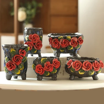 Корейски реколта керамични саксии за цветя за сукуленти, Настолни рисувани рози, Ръчно изработени, Градински аксесоари за Домашно озеленяване на Градината