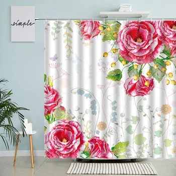 Завеса за душ с акварельным цвете, фигура на листа на рози, Европейски стил, начало декор, баня с плетене на една кука, Водоустойчив екран
