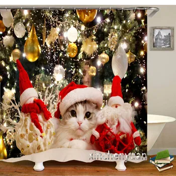 Нов креативен сладък Коледен котка, водоустойчив завеса за баня, плат с 3D принтом и куки, декоративна завеса за душ M44