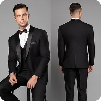 Класически черен мъжки костюм, сако с отворотами и шал, официален бизнес сватбен смокинг младоженеца terno masculino slim fit (яке + жилетка + панталони)