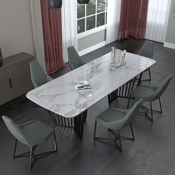 Изчистен модерен маса за хранене е от каменни плочи и комбинация от стола, правоъгълен дизайн италиански мрамор скандинавски стил
