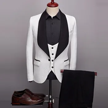 Комплект от 3 теми, с костюм, сако, жилетка, панталони, мъжки ежедневни сватбен бутик, тъмен модел, блейзери с голям черен шал яка, Палто, Панталони, жилетка