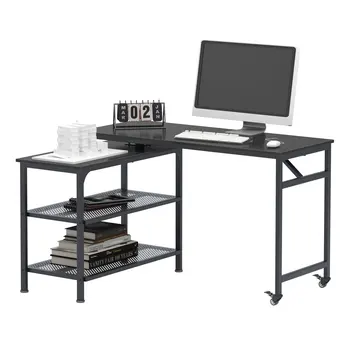 Кът бюро за компютър Soges L-образна форма, въртящи се на 360 ° компютърна маса с рафтове, работна станция за домашния офис 47 инча