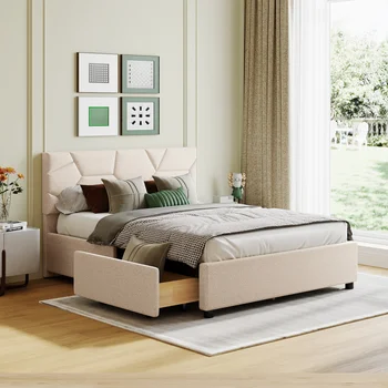 Пълен размер меко легло-платформа с лице на модел и 4 чекмеджета, бельо плат, подходящ за спални