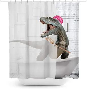 Забавен динозавър в банята, получаващи вана, водоустойчив завеса за душ от полиестер, завеса за преградни стени за баня