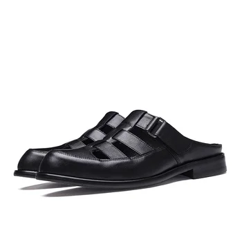 Улични мъжки обувки от естествена кожа, чехли и луксозна марка ръчно изработени 2023, Модни кухи черни сандали в римски стил, обувки за партита