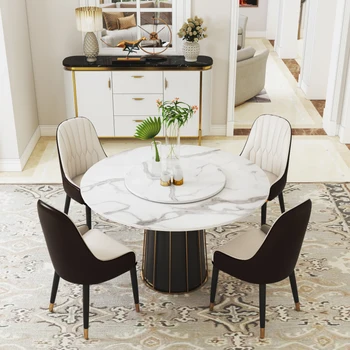 Модерна маса за хранене с кръгъл мраморен плот бяло с превръщането на масата, черни със златни крака, 59 см