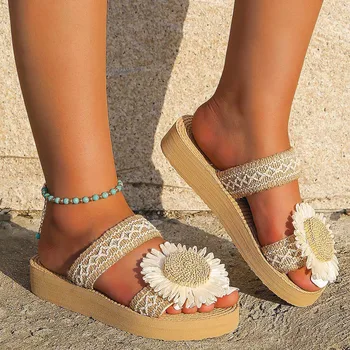 Дамски сандали с елегантен цветен интериор, нови летни женски корк сандали с отворени пръсти и лък, дамски сандали на платформа