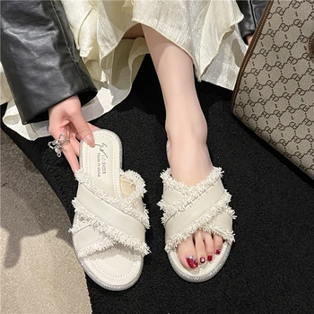 Дамски летни чехли от коноп с равна подметка 2023, корейската версия на плетени сандали с пискюли, градинска обувки, дамски чехли
