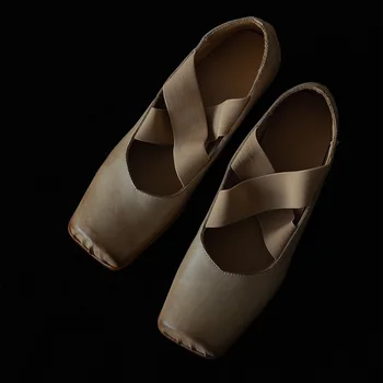Дамски обувки за дневните разходки с появата на шнур, с квадратни пръсти, дамски обувки в стил ретро, размер 40, обувки-лодка от телешка кожа, без шнур, реколта женски основни балет апартаменти на ток
