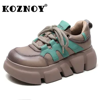Koznoy/ 6 см, Нови Дамски Маратонки на платформа от естествена кожа, Дамски Мокасини дантела, Модерен Есенно-Пролетно Ежедневни Обувки на масивна ток