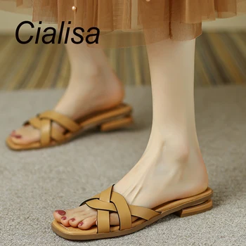Cialisa/чехли на равна подметка, лято 2023, дамски обувки с отворени пръсти, удобни дамски чехли изработени ръчно от естествена кожа, черни, чисто нов Размер на 40