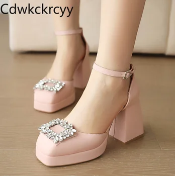 летни новите стилове модни дамски сандали на висок ток с отворени пръсти, чубрица вечерни дамски сандали на дебел ток с кристали, размер 32-46