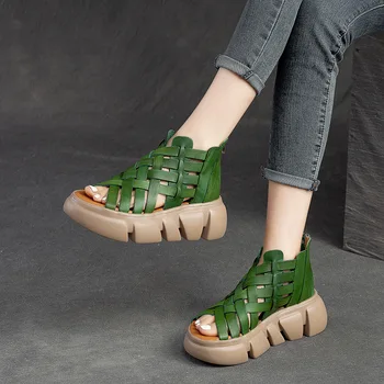 Плетени дамски сандали Birkuir, ракита луксозни обувки на платформа, летни елегантни плетени сандали от естествена кожа с изрезки на дебелите ток