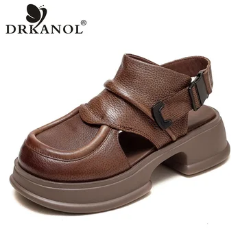 DRKANOL/лятна ръчно изработени обувки в стил ретро, дамски сандали на платформа, модерни ежедневни сандали от естествена кожа с кръгло бомбе и ключалката на дебелите ток