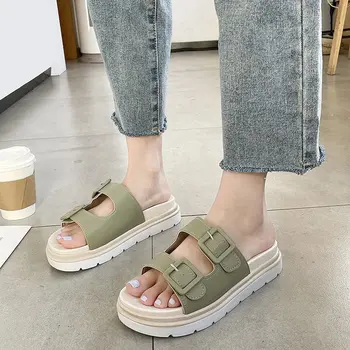 2022 Летни дамски сандали в корейски стил, джапанки с отстрочкой и ключалката на дебела подметка, дамски ежедневни обувки на равна подметка в стил харадзюку