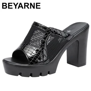 BEYARNEPatent-кожени чехли на висок ток с рибено пръсти; Дамски обувки 10 см; Летни чехли на висок ток с отворени пръсти; Офис джапанки OL 32-43