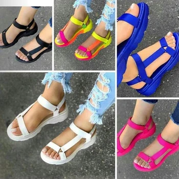 Дамски летни сандали на равна подметка, боядисана домашна ежедневни обувки, обикновен женски удобни улични плажни чехли на дебела подметка