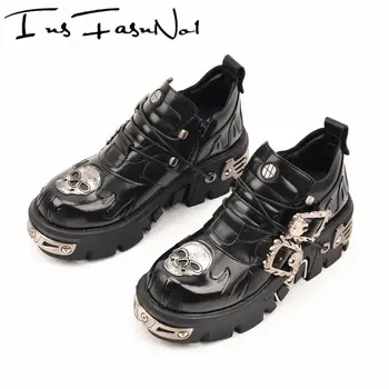 Мъжки маратонки Унисекс с метален орнамент, обувки в готически стил, маратонки на равна платформа в стил пънк, ежедневни дамски обувки на равна подметка, градинска обувки на масивна ток