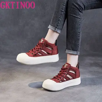 Дамски маратонки GKTINOO на дебела подметка, обувки от естествена кожа, удобни летни сандали, ръчно изработени в римски стил в платформата