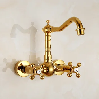 Смесител за мивка в банята, Месинг Златен Смесител за мивка, смесителна батерия за мивка в банята, 360 Градуса, Миксер с водопадным накрайник, монтиран на стената