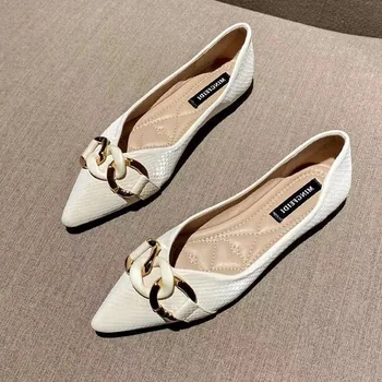 Дамски обувки с остри пръсти, пролет 2023, новост, дизайн с метална веригата на равна подметка в стила на Жокера, Елегантни и Ежедневни дамски обувки с бели воротничками в предградията на стил.