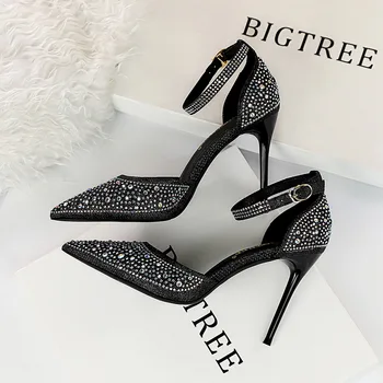 BIGTREE/ Женски Лъскави обувки на висок ток, Кристали, Дамски Обувки-лодки под Сватбена Вечерна рокля, Красиви Елегантни Обувки на висок ток на висок ток