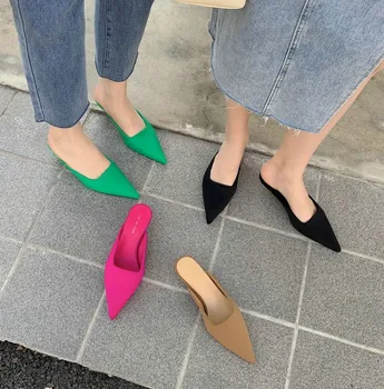 2022, Нови модни дамски чехли с тънки бао-пет и половина-нисък ток, сандали-мюли, дамски обувки с остри пръсти, елегантни обувки-лодка за парти