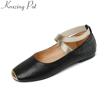 Krazing Pot 2023, пролетно обувки от мека телешка кожа, с кръгли пръсти, без закопчалка, каишка за щиколотке в ретро стил, за възрастни, танци, лаконичен женски балет апартаменти