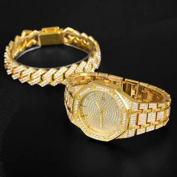 Мъжки часовник с пълно покритие Iced out, кубински гривна-верига Iced out, колие Iced Out, мъжки часовници с побрякушками, златни ланци, мъжки часовник в стил хип-хоп