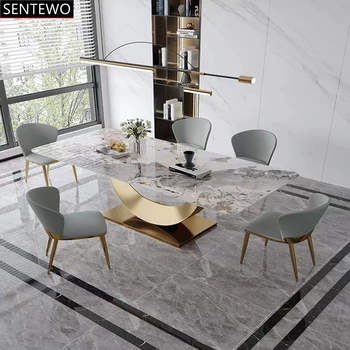 Луксозен дизайнерски маса за хранене от мраморна плоча 4 6 8 столове de mesa jantar tavoli furniture comedor от неръждаема стомана със златни основа