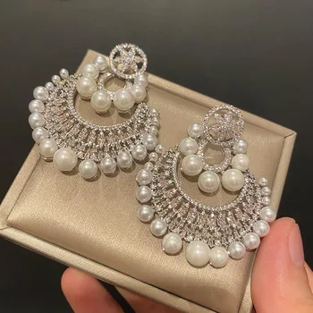 2023, модни обеци от сребро проба 925 в бохемски стил с пискюли и перли, дамски темпераментни обеци за сватбената денс парти, на Едро бижута за уши