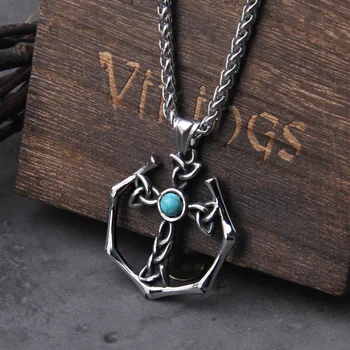 Келтски кръст Valknut от неръждаема стомана с каменна окачване, мъжки модни бижута от титанов стомана викингите от дървена кутия за подарък за мъже