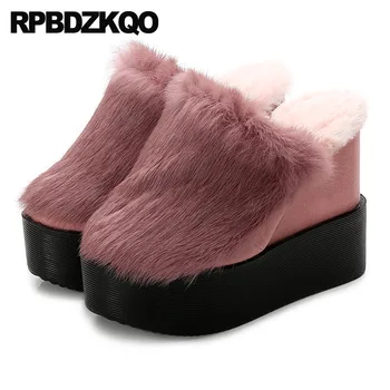 Мода обувки 2021, женски фетишистские кожени Чехли, пързалки от платформа, Плоски форми, Обувки от естествена кожа за отстраняване на бои, 5 танкеток, Розов Заек, Зима