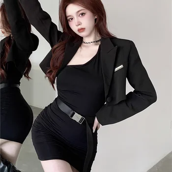Пролет 2023 г., Женски Черен костюм в Корейски стил, палта + Рокля с Колан, Костюми, Комплекти от 2 теми, Монтиране ретро костюм Y2k