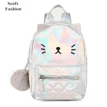 SCOFY/ модерен детска раница с хубав мини-котка за момичета, чанта за книги в детската градина, лазерна многоцветен мультяшная пътна чанта с кожа топка